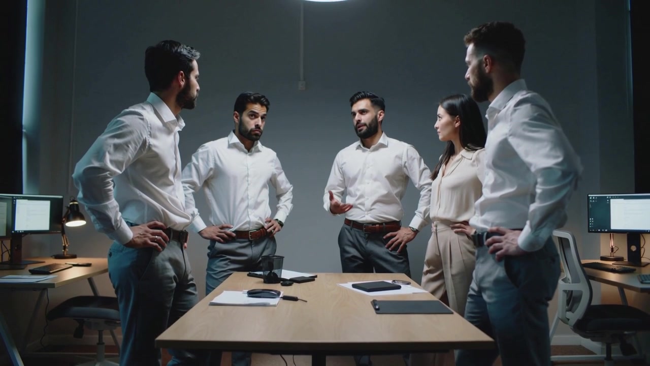 छोटे कार्यालय में कार्यालय के कपड़े पहने हुए, केंद्र-दाएं में एक इशारा करता हुआ आदमी नोटबुक के साथ बात शुरू कर रहा है।