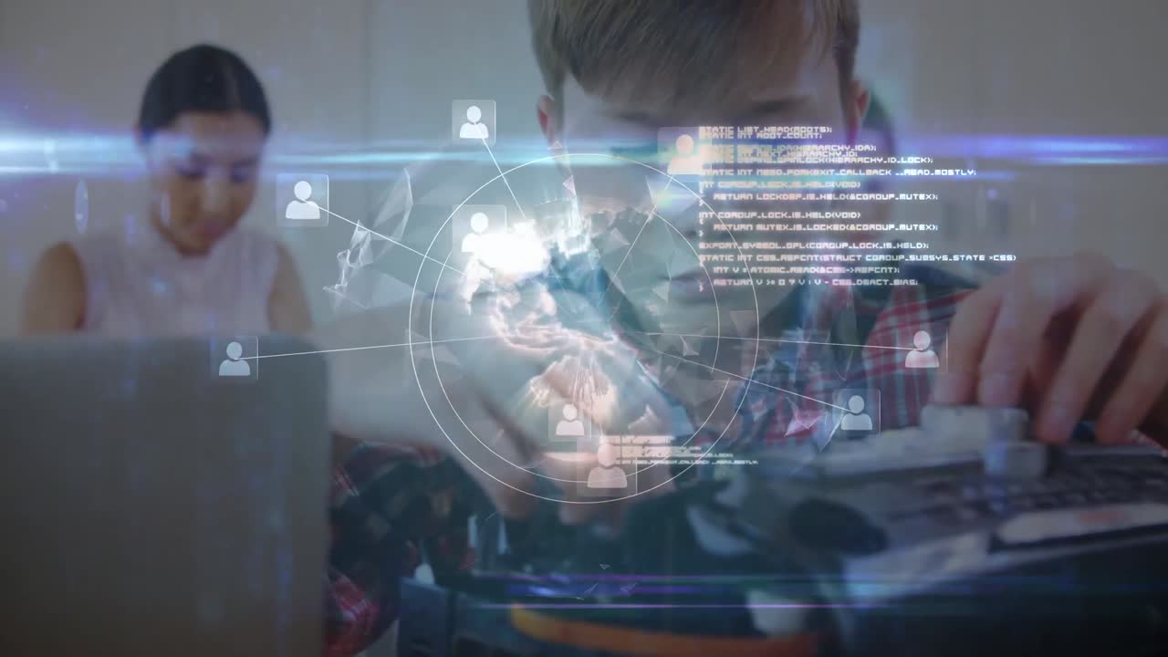 Animation of connections with globe over caucasian boy using computer at school