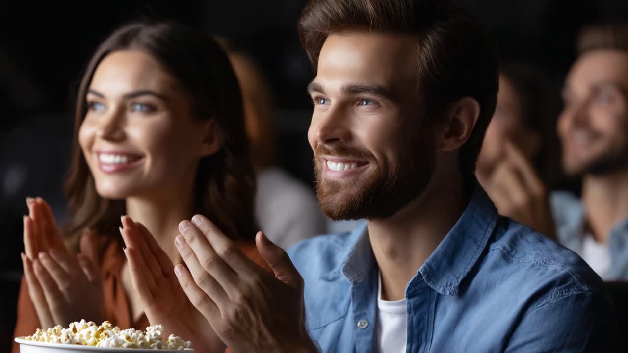 A joyful couple clapping with excitement in a movie theater, enjoying the film while surrounded by other entertained viewers and a bowl of popcorn in hand