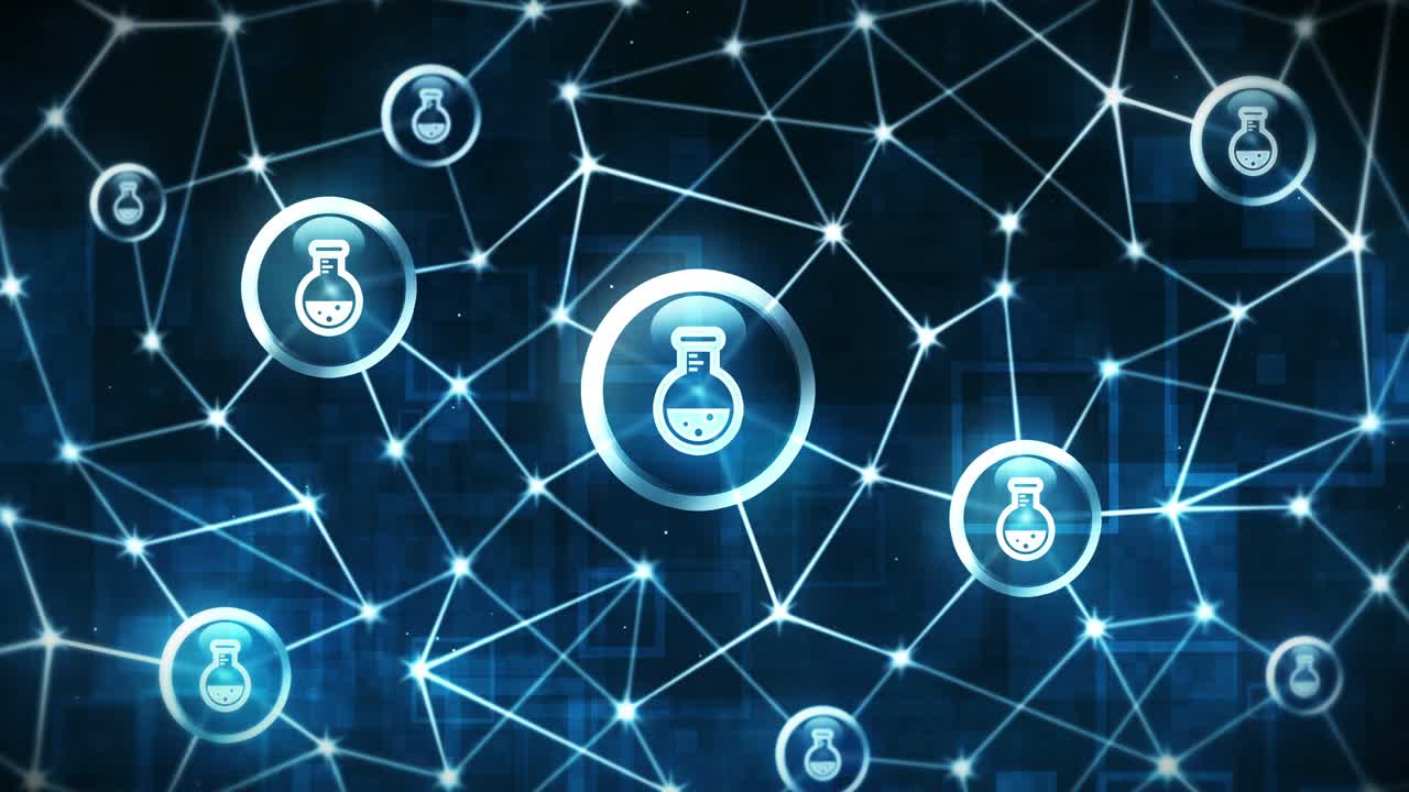 espacio poligonal con puntos y líneas de conexión. polígono de marco de alambre e icono. frasco redondo con líquido. botella de química iconos flotantes. medicina y conexión química.