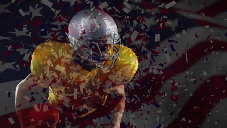 animation of waving usa flag and conffeti over american football player