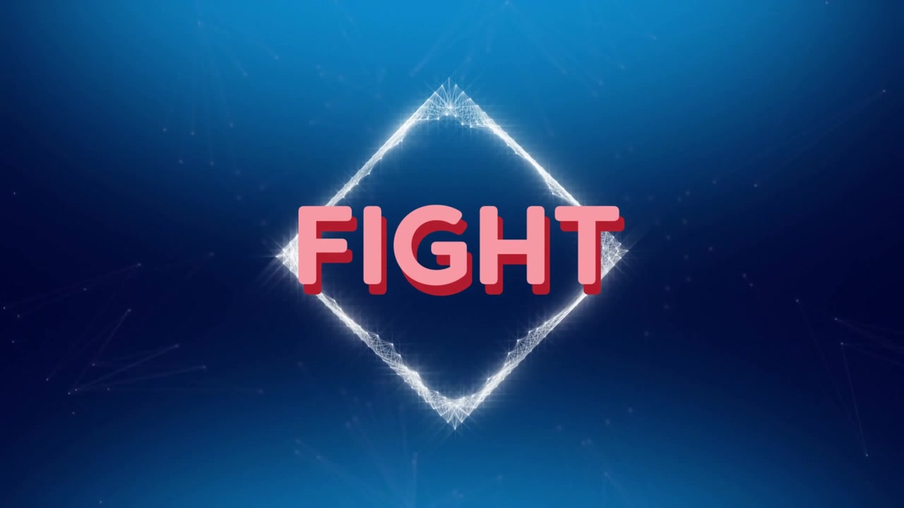 Animation af geometriske former omkring teksten 'fight' på en rombe mod en blå baggrund.