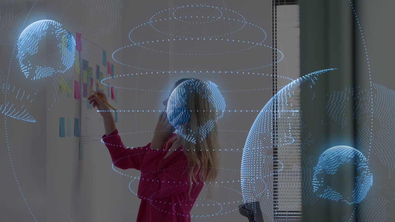 Talking on phone, businesswoman with animation of digital globe and data overlay