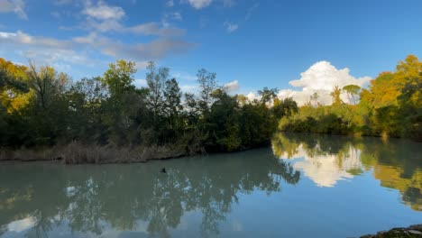 filming a section of the tagus river at dusk as it passes through aranjuez, we see how a bird flies and there are contrasts with the shadow areas that the sun gives them, there are clouds in the sky