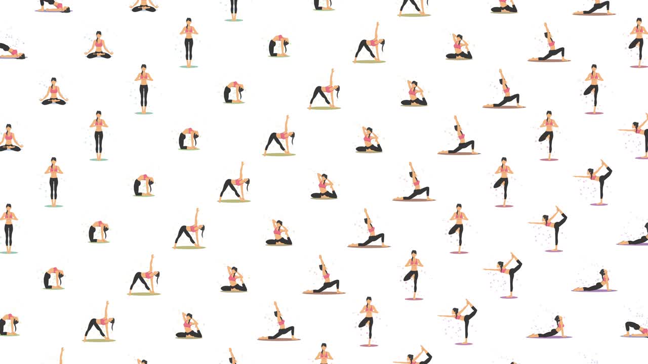Ejercicio de yoga en la naturaleza. Colección de personajes femeninos de dibujos animados demostrando varias posiciones de yoga. Animación en bucle plana y colorida. Relájate y medita