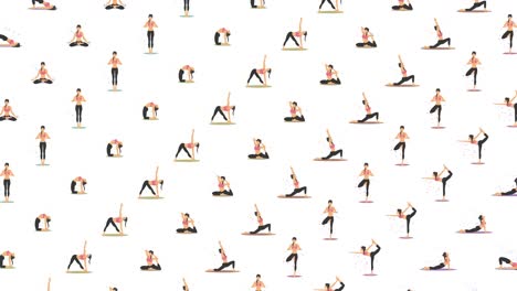 yoga exercise in nature. collection of female cartoon character demonstrating various yoga position. colorful flat loop animation. relax and meditate.