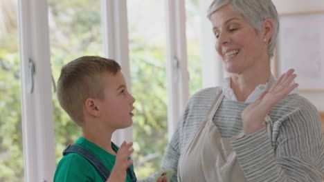 Großmutter-Gibt-Einem-Kleinen-Jungen-In-Der-Küche-High-Five.-Oma-Feiert-Zu-Hause-Teamarbeit-Mit-Enkel