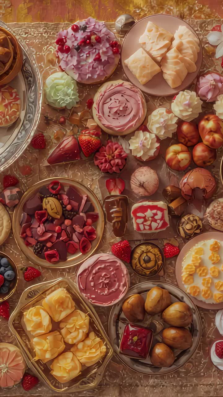 Vertical video: Panning camera moving down and zooming, highlighting pink tarts on gold tablecloth