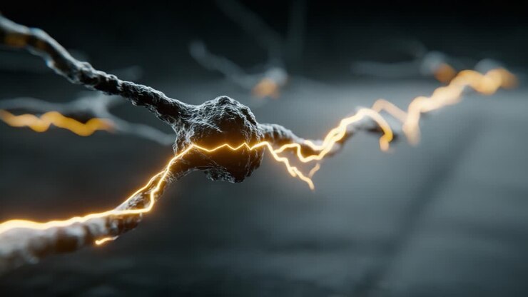 Close-up Dinâmico de Neurônios Disparando Sinais Elétricos, que captura a intrincada conexão entre vias neurais em uma deslumbrante exibição visual de atividade neuroelétrica.