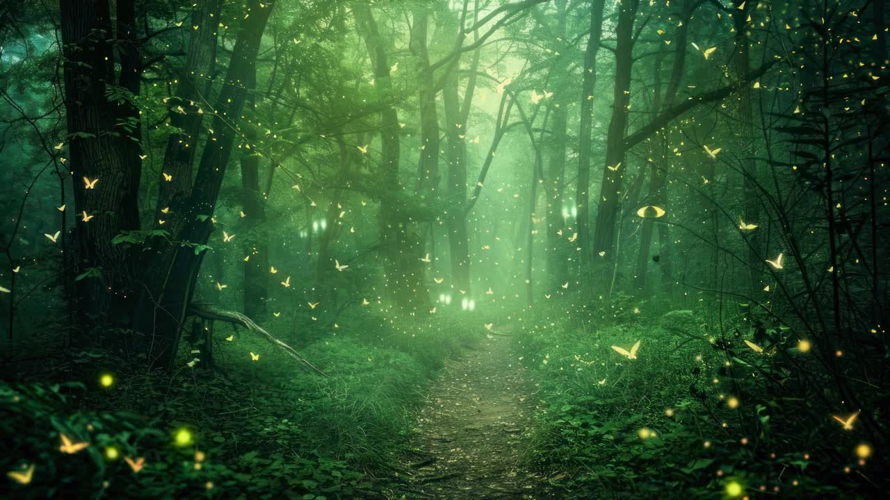 A mystical forest scene with glowing butterflies, captured from a low-angle, creating an enchanting