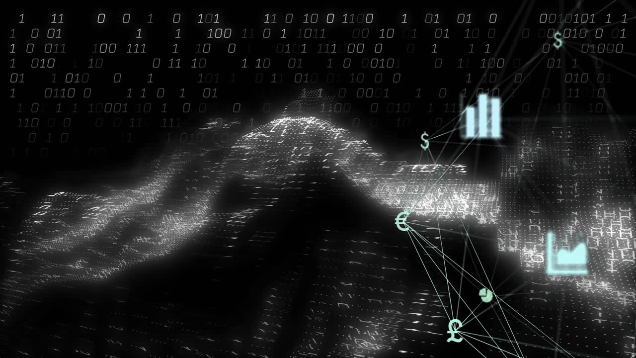 Binary code and financial symbols animation over digital world map
