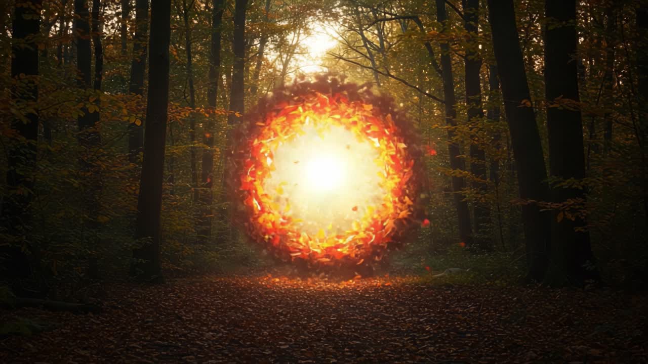 A Mysterious Portal Emerges in an Enchanted Forest, Radiating Warm Light and Surrounded by Autumn Leaves, Capturing the Magic of Nature's Transformative Seasons