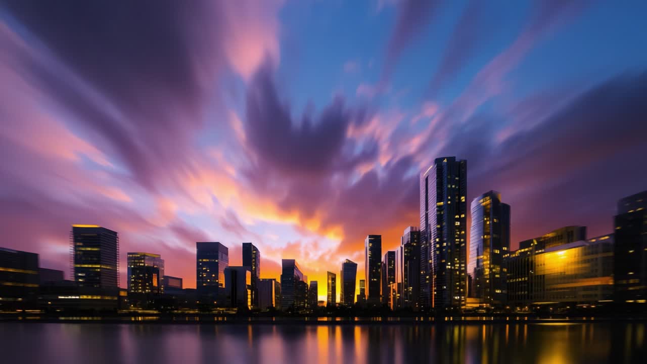 Céu da cidade deslumbrante ao entardecer: uma mistura vibrante de cores e luzes que se refletem na água em uma bela paisagem urbana capturada à noite