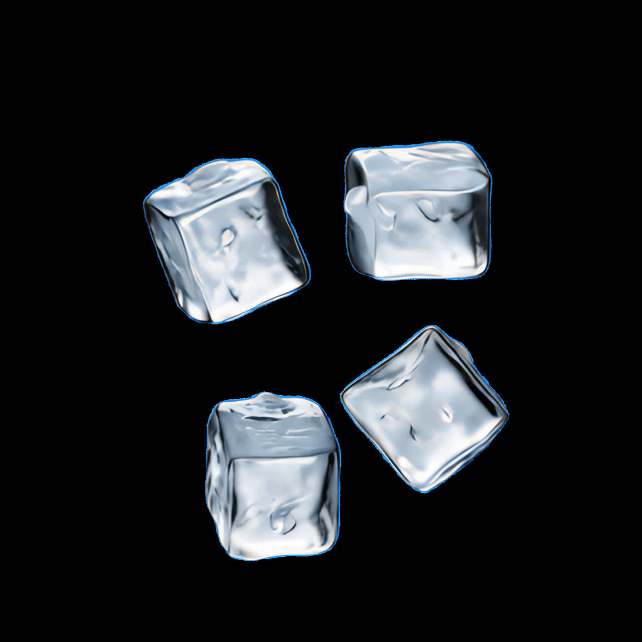 Floating clear ice cubes animation isolated asset, transparent 4K video, alpha channel, ProRes 4444