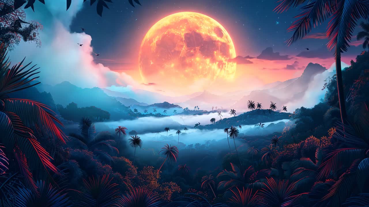 A large orange moon is in the sky above a lush green forest. The moon is surrounded by a blue sky and the mountains in the background. The scene is peaceful and serene