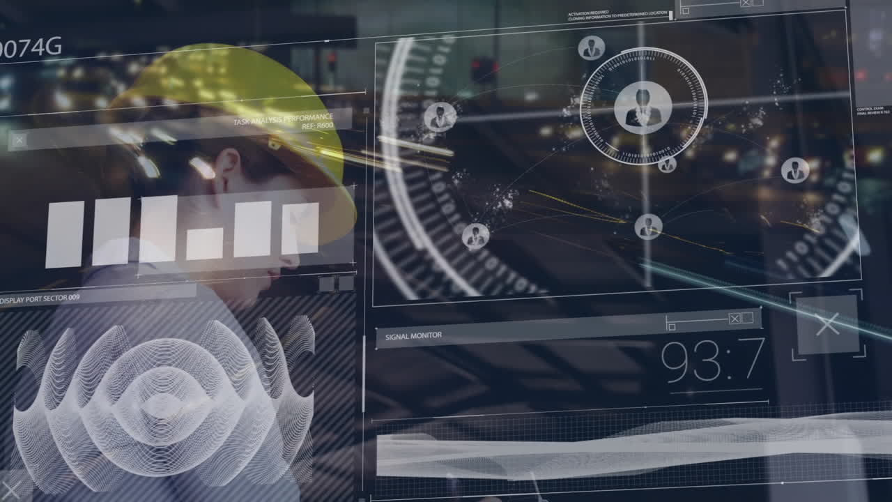 Animation of data processing over woman working counting stock in warehouse shipping centre