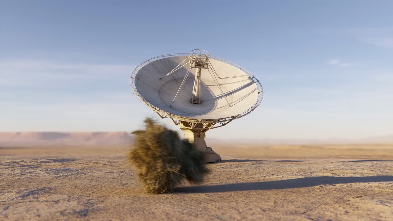 Antena parabólica en el desierto bajo un cielo despejado, la antena parabólica se alza en una llanura árida mientras la maleza rodante se desplaza.