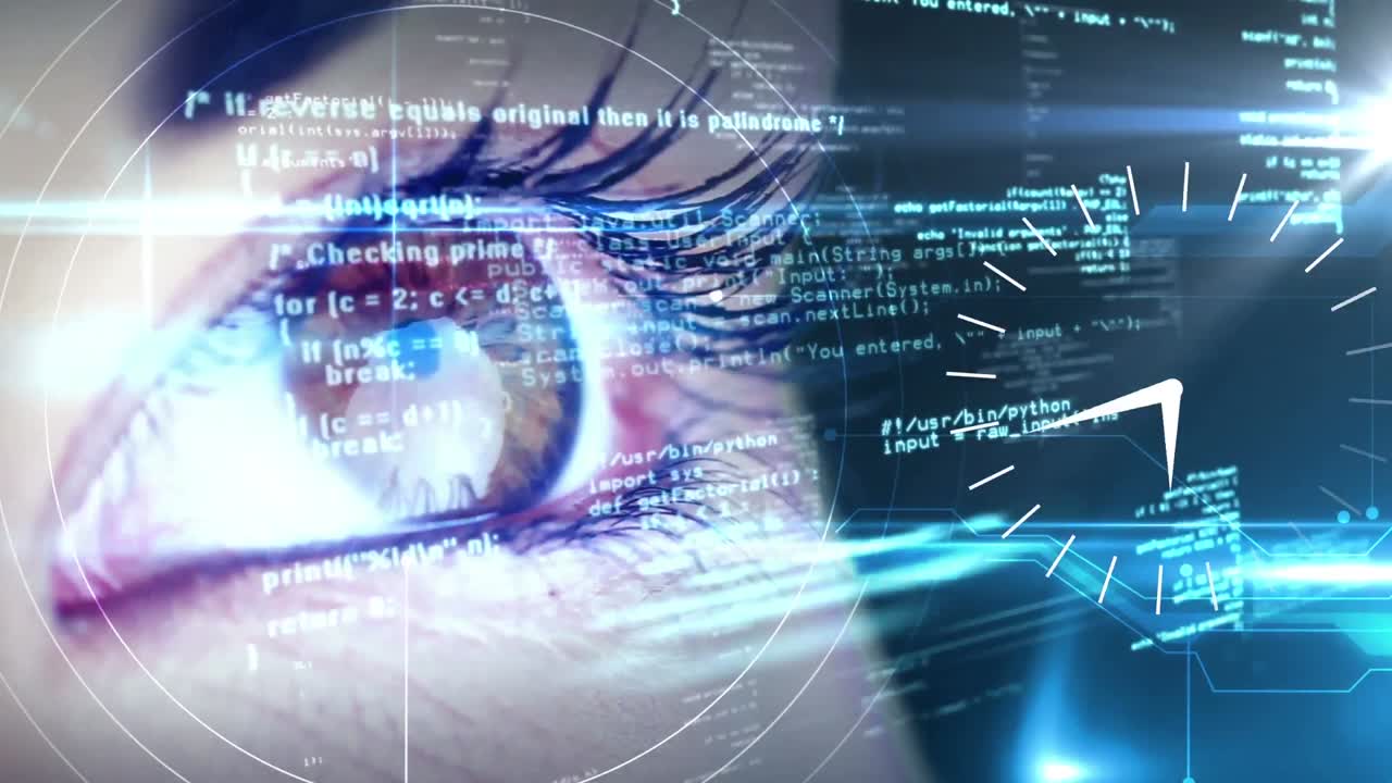 animazione dell&#x27;elaborazione dei dati, orologio che ticca e scansione dello scope su un primo piano di un occhio femminile