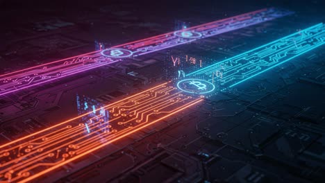 futuristic digital currency network visualization featuring bitcoin transactions with neon color coding and circuit patterns representing modern financial technology