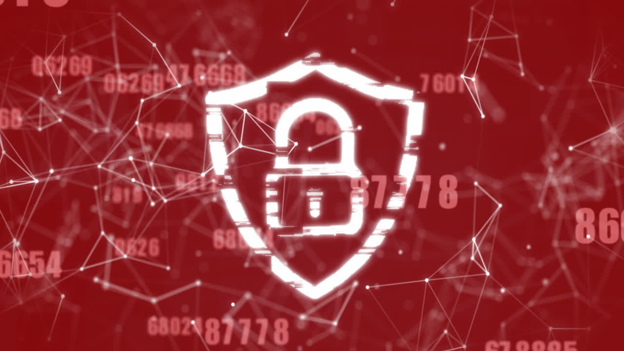 Animation of multiple changing numbers, network of connections, security padlock on red background