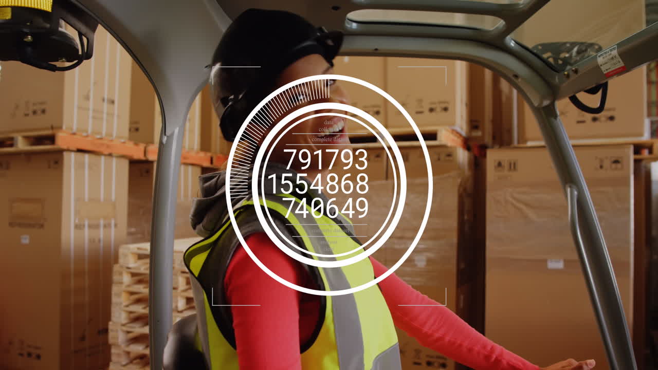 Animation of changing numbers in circles over smiling biracial woman driving forklift in warehouse