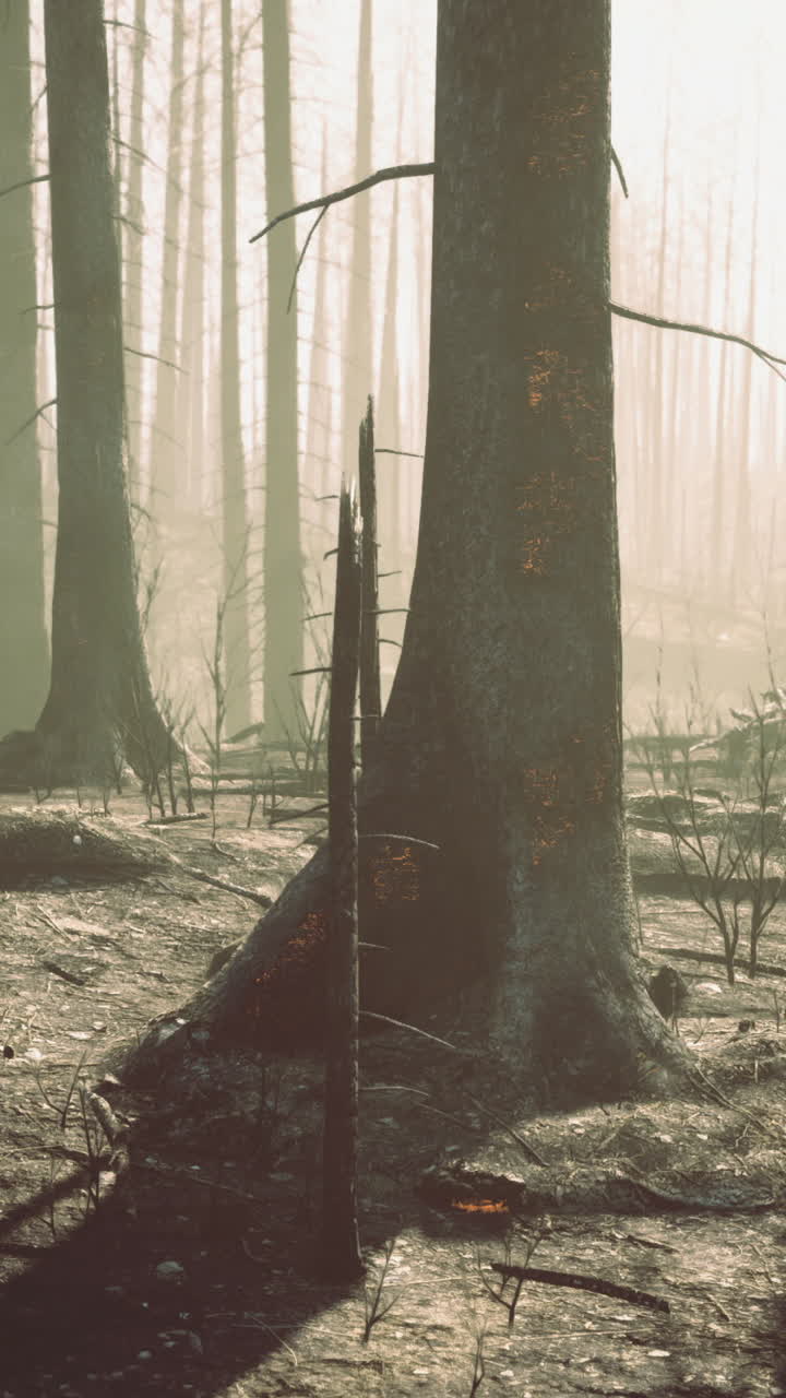 Burned forest landscape showing recovery after wildfire in morning light