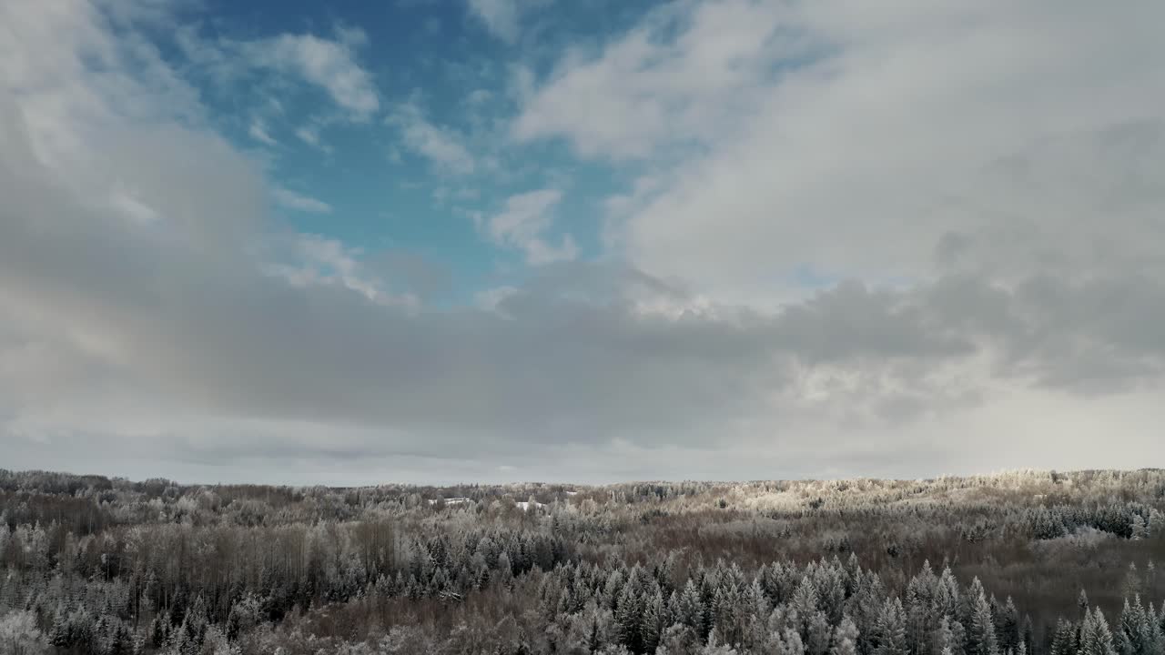 Aerial drone view of beautiful sky over the forest in countryside landscape. Frozen forest trees in bright winter day. Clean environment.