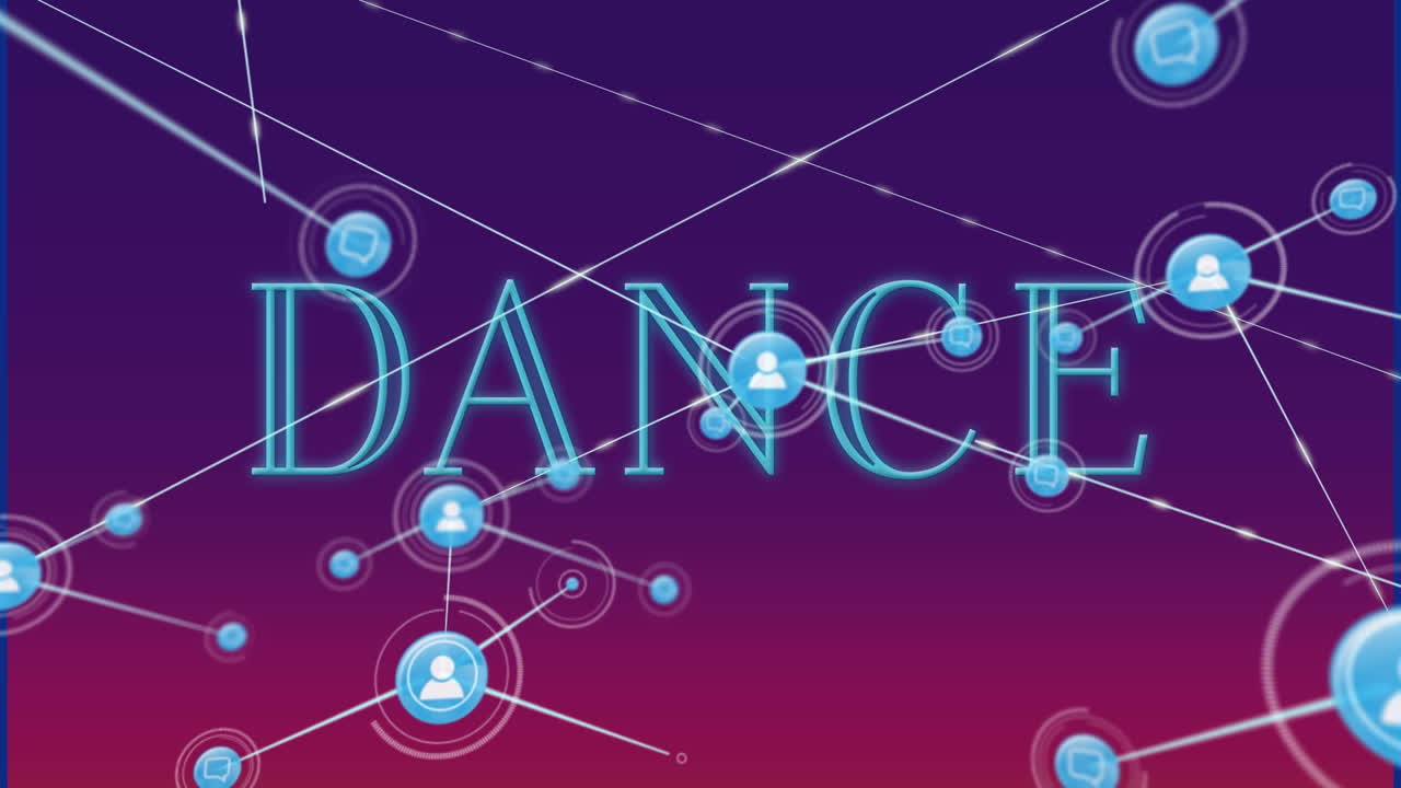 Animation af profil- og beskedikoner forbundet med linjer over danse-tekst på violet baggrund