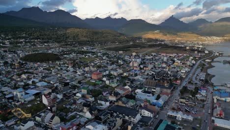 Aerial-View-of-Ushuaia-City,-Argentina,-Patagonian-Landscape-Over-Bay-Town,-Streets,-Architecture-in-Tierra-del-Fuego-Province,-Southernmost-Travel-and-Tourism-Destination