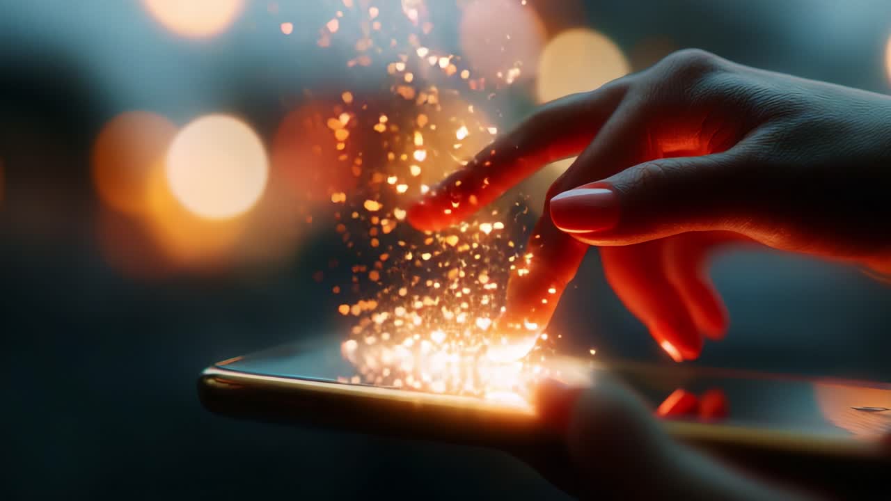 A mesmerizing display of digital magic as a hand interacts with a smartphone, causing vibrant particles to emanate and create a dazzling visual spectacle that captivates the senses