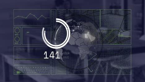 Animation-Der-Datenverarbeitung-Und-Diagramme-über-Globus-Und-Büro