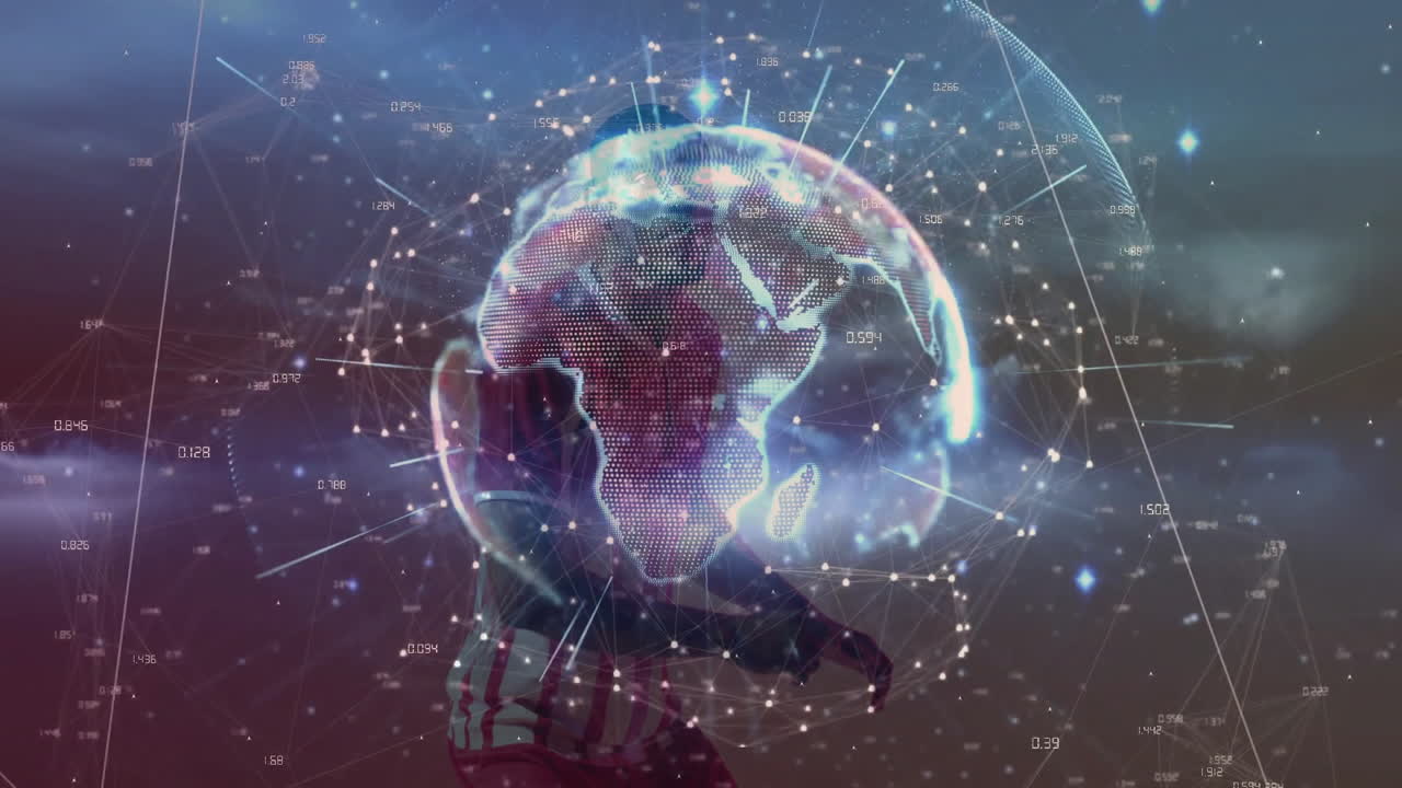 Animation of digital globe with network connections over person in dynamic pose