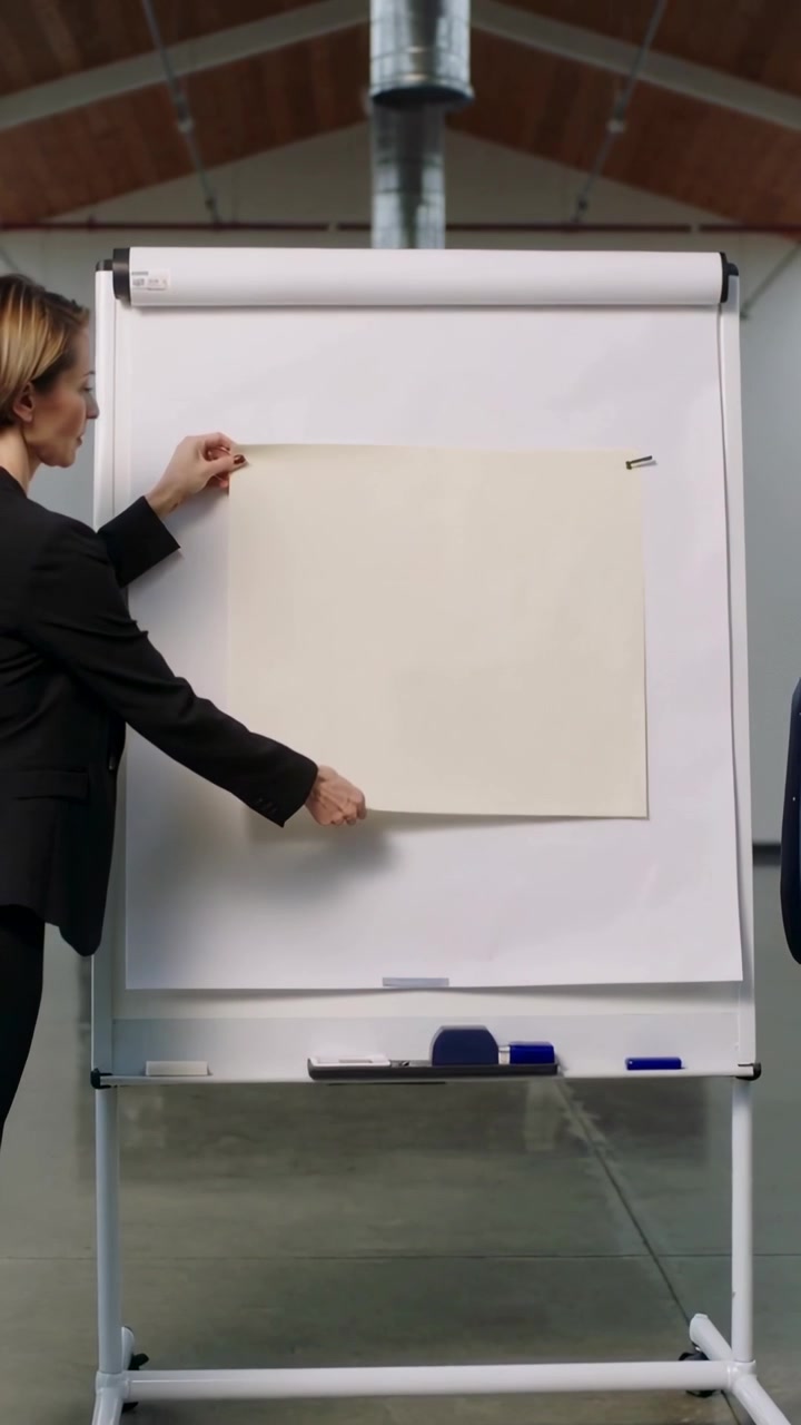 Video verticale: Donna in blazer che si avvicina e posiziona un foglio beige su un cavalletto a fogli mobili nel corridoio, fissando le clip.