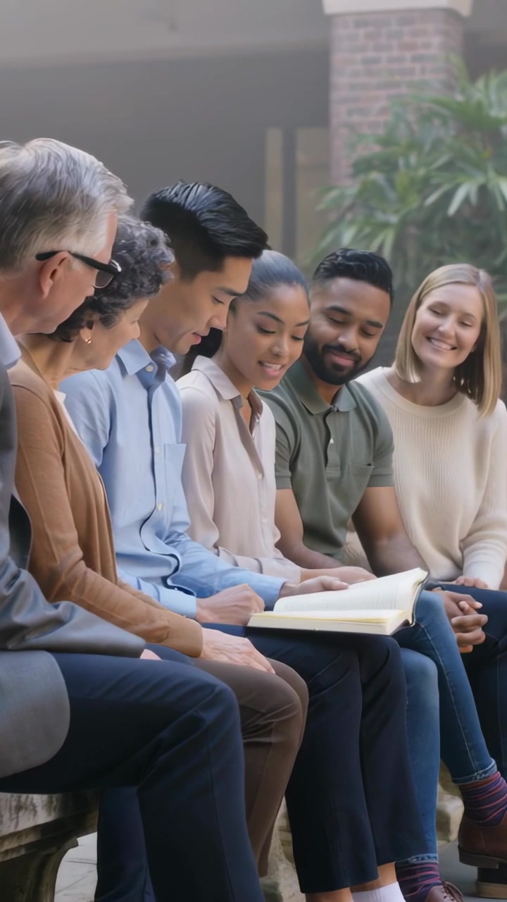 Vertical video: Turning pages casual group leaning on bench in atrium, sharing open book talking