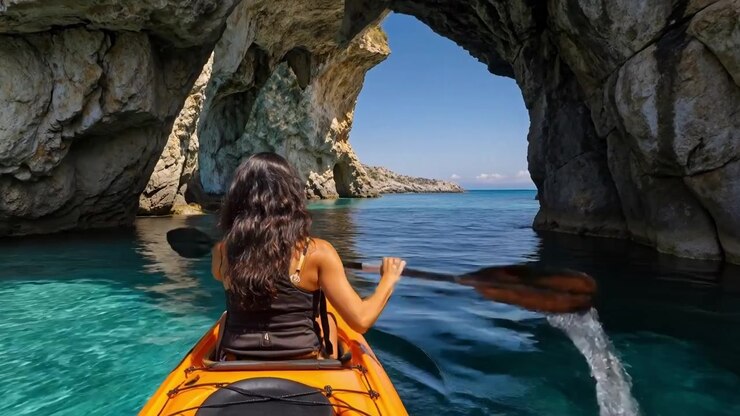 Mujer remando en un kayak naranja a través de un enorme arco de roca en aguas claras de color turquesa