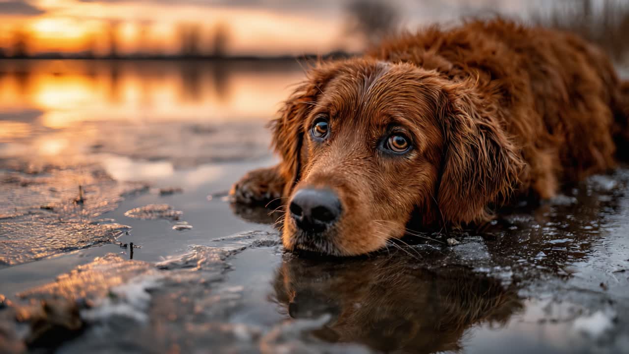 A Beautiful Golden Dog Relaxing by the Water's Edge at Sunset, Capturing the Tranquility of Nature in Its Serene Expression and Warm Colors
