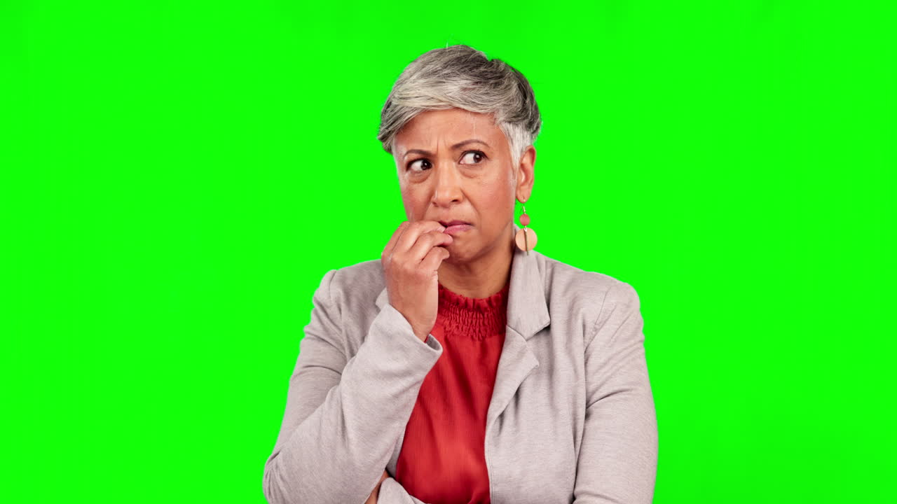 Green screen, thinking and senior woman nail