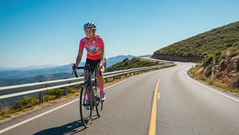 a joyful cyclist navigates a winding road on a sunny day, showcasing the thrill of biking and the beauty of nature surrounding the scenic path.