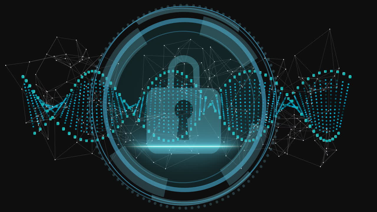 Digital padlock displaying network connections and data encryption in animation