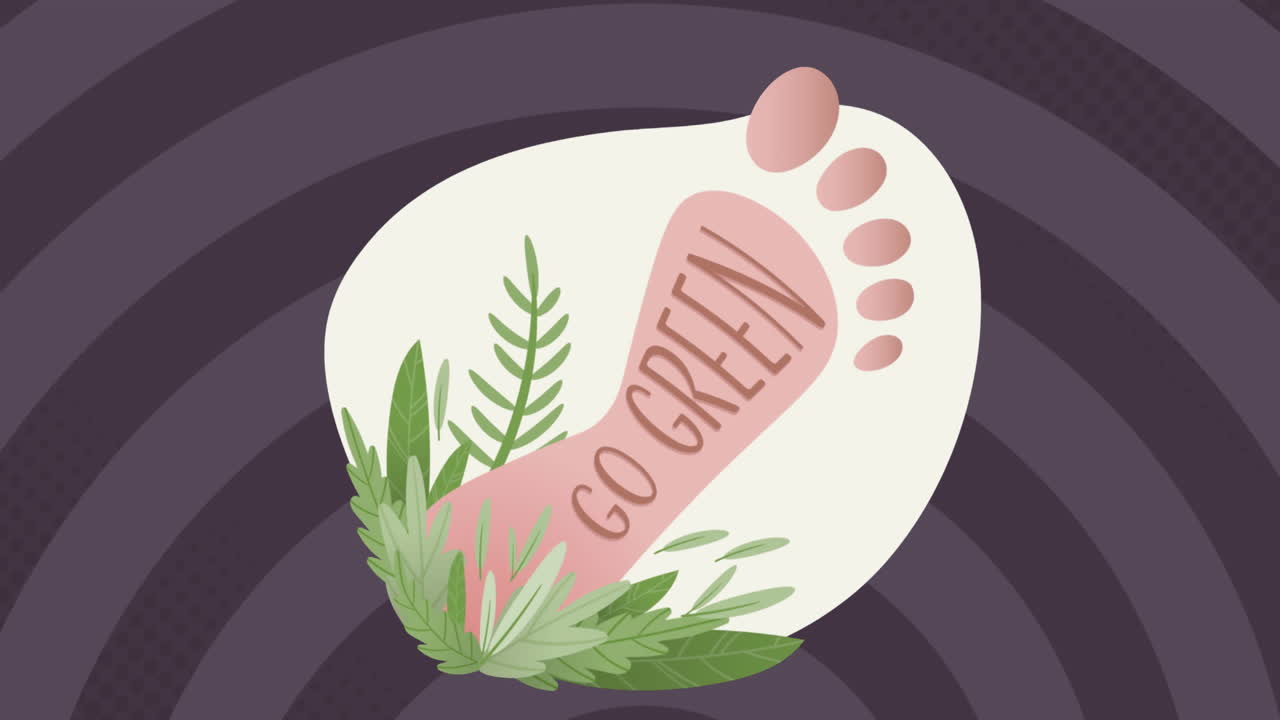 Animation of foot with go green and plants on spiral purple background