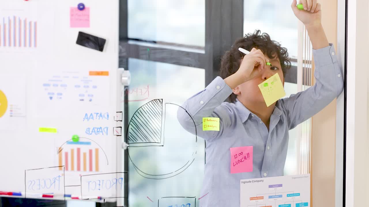 Young boy in business attire analyzes data charts and sticky notes on a glass whiteboard