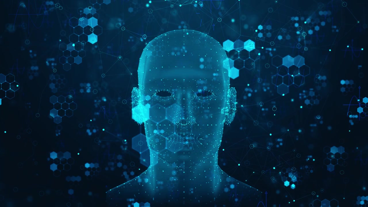 Digital artificial intelligence portrait transparent blue face connected network points futuristic