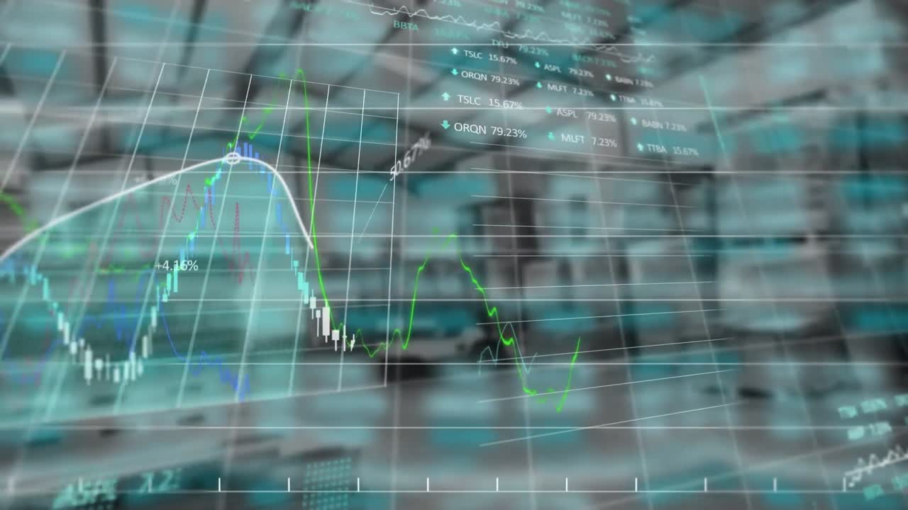 animación del procesamiento de datos financieros con estadísticas sobre el almacén