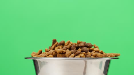 alimento seco para perros en cuenco de metal rotativo de primer plano. gránulos en plato sobre fondo verde. alimentación de animales domésticos, golosinas para cachorros. comida crujiente para gatos de pedigrí. tienda de mascotas y entrega