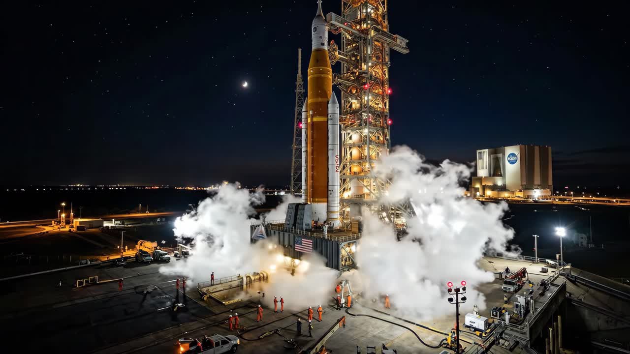 Razzo NASA Artemis SLS sulla rampa di lancio di notte con gas in sfogo