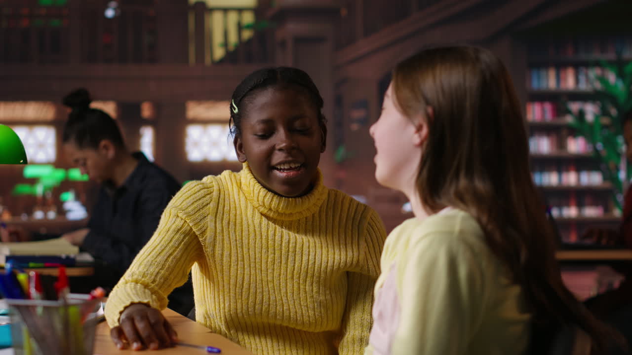 dos chicas hablando en una biblioteca