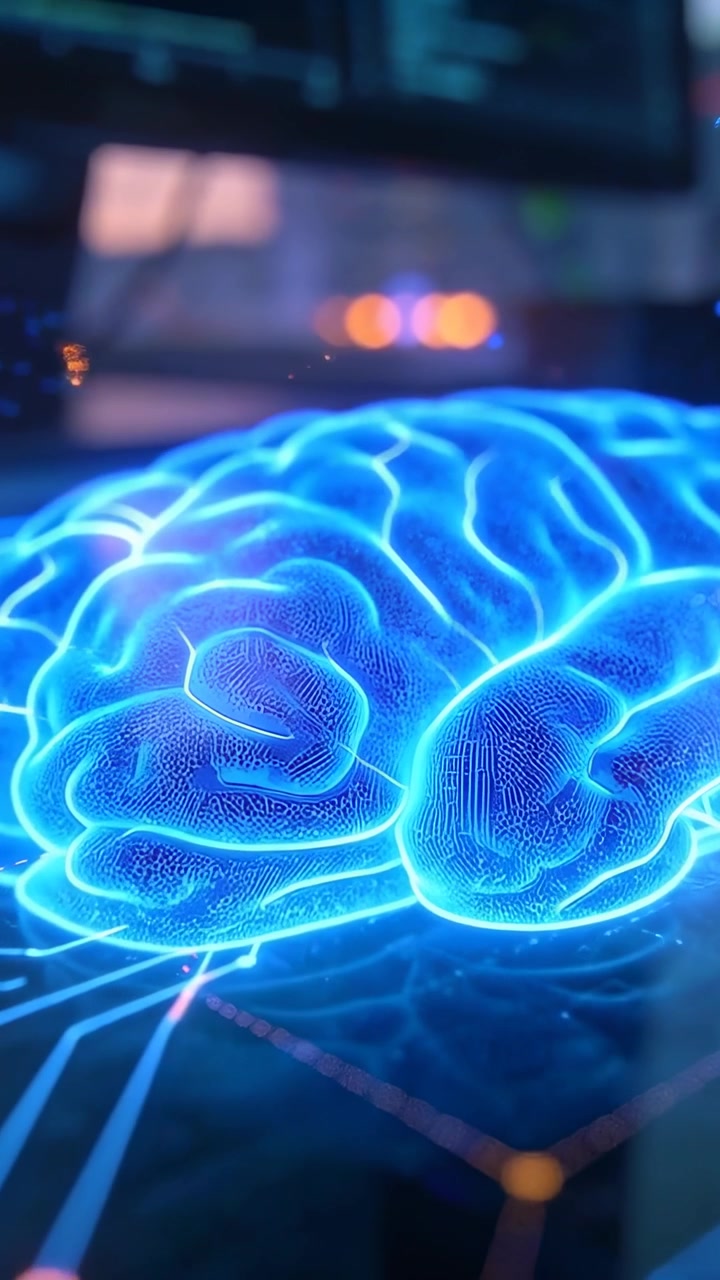 Vertical video: Camera zooming, blue hologram brain pulsing, revealing circuit detail on desk