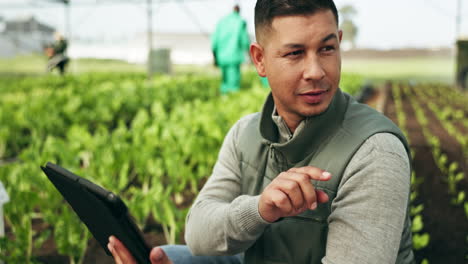 farmer, tablet and greenhouse