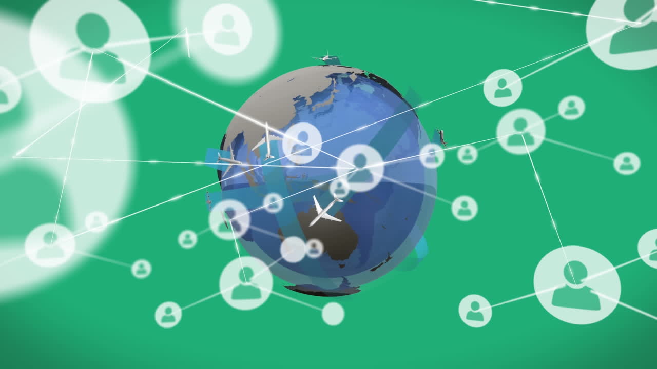 녹색 배경에 전 세계를 돌아다니는 연결된 사람들의 아이콘과 비행기의 애니메이션