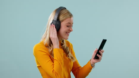 dance, smartphone or happy woman in studio